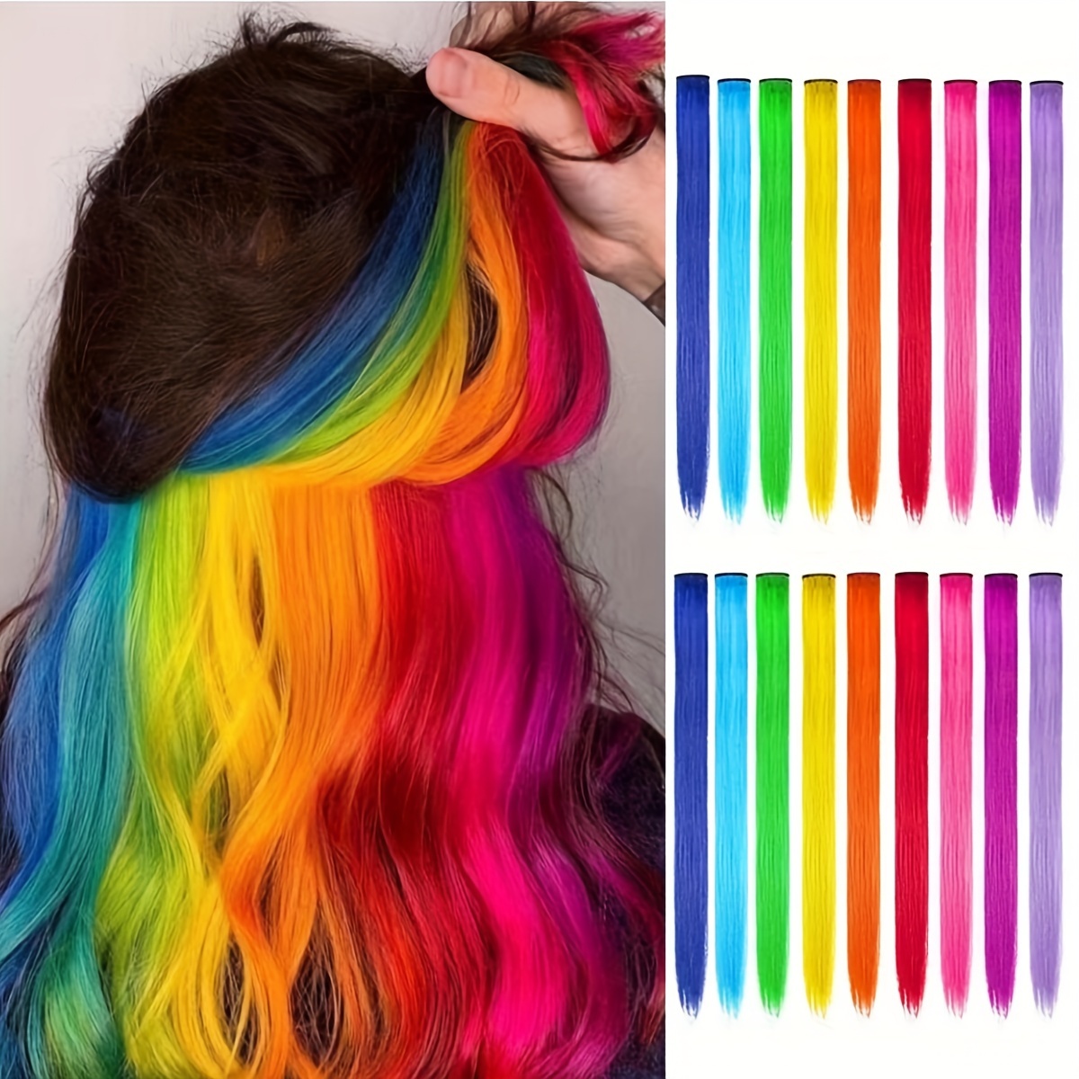 TEMU 18pcs Vibrant Clip-in Hair Extensions For Women | 22" Long, Straight Synthetic Rainbow Highlights | Seamless & Thin Bb Clip Wig Pieces | Ideal For Festive Parties & Gifts, Hair Accessories