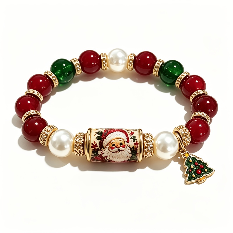 TEMU Bracelet de Noël élastique à perles rétro, de de Père Noël, de et d'arbres de Noël. Chaîne de perles colorées adaptée à un usage , offert comme