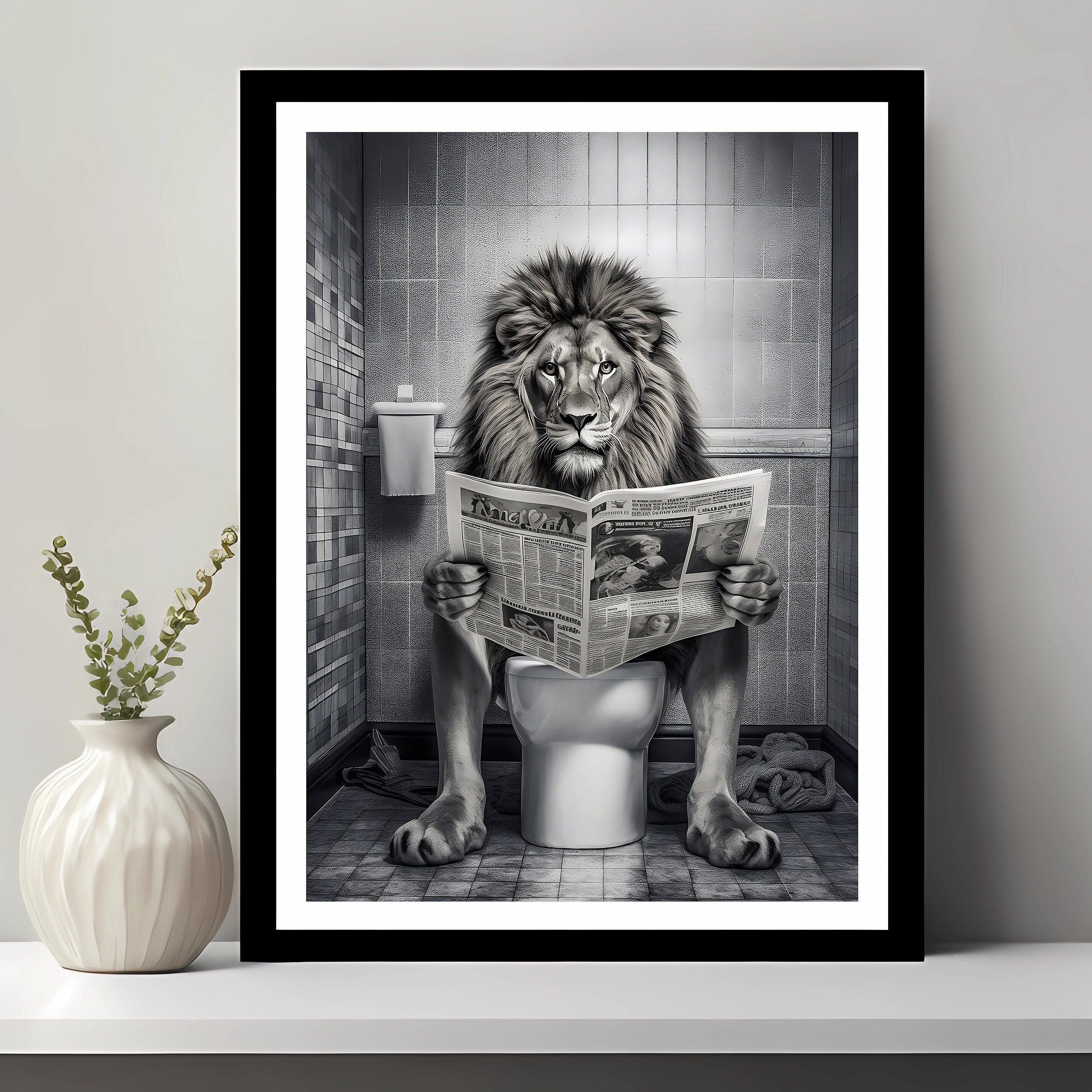 

Lion Reading Newspaper On Toilet: Black And White Animal Art Poster - Modern Wall Decor For Bedroom, Living Room, Kitchen, Or Corridor