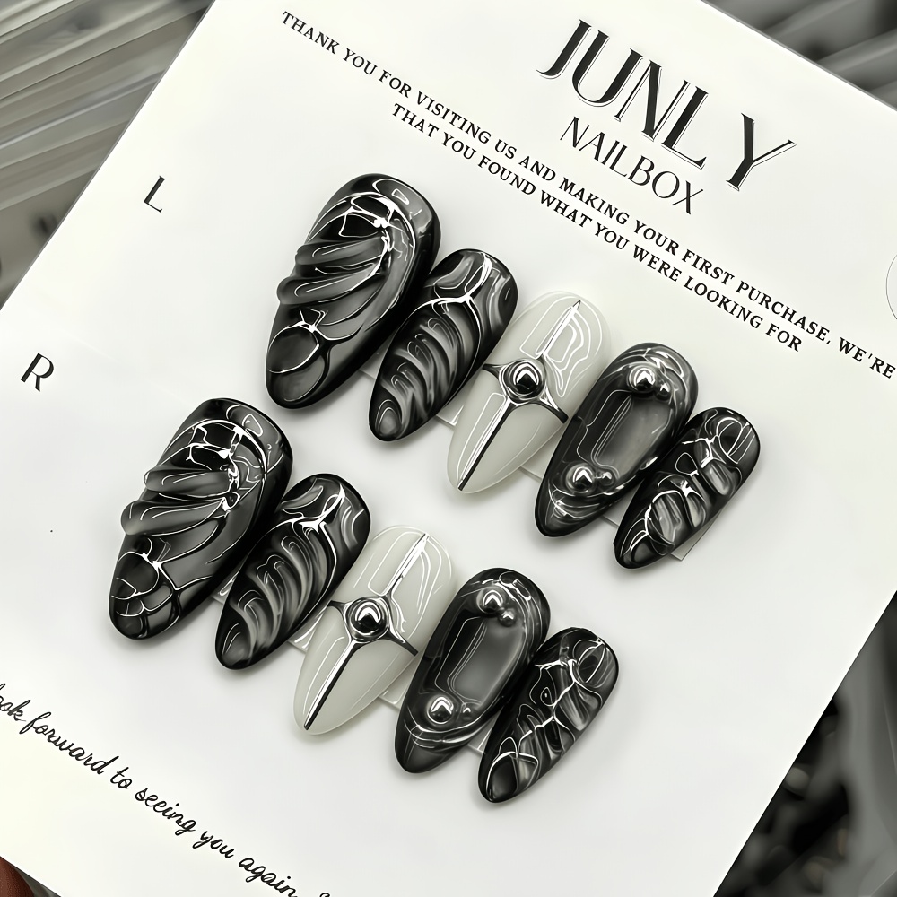 TEMU Make More Beautiful - 10 Long Almond-shaped Nail Wraps In Black And White Ink Liquid Silvery Three-dimensional Pleated Style Nail Wraps.