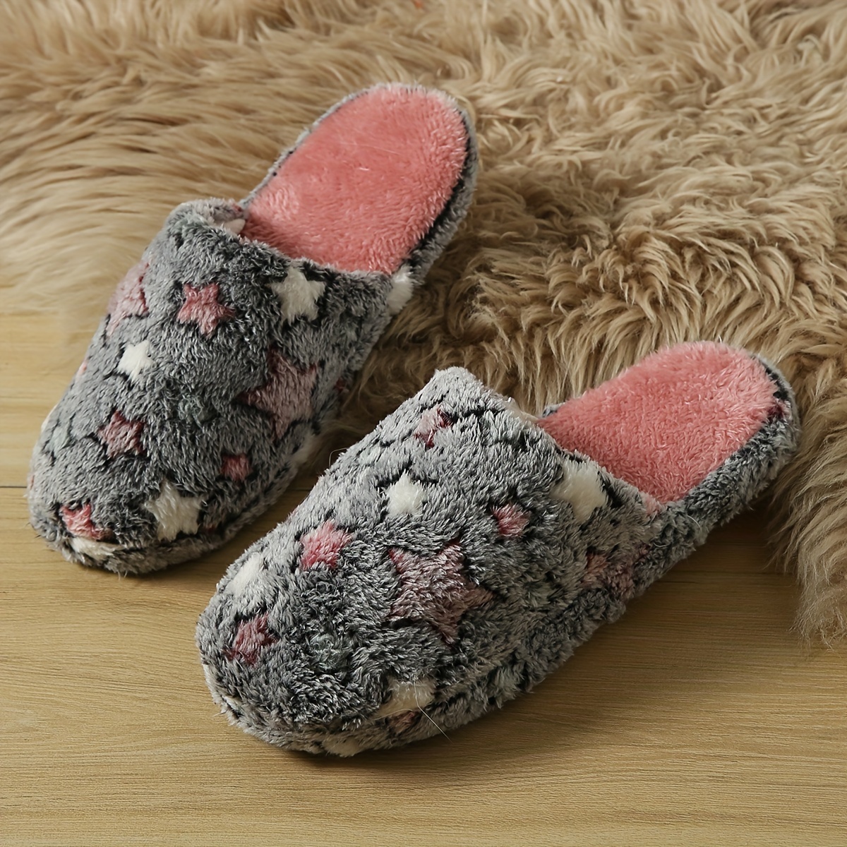 TEMU 1 Pair Cozy Women's Star Pattern Slip-on Slippers - Indoor House Shoes With Fabric Upper, Lining, And Insole, Tpr Sole - , Non-slip Warm Slippers For Spring, Autumn, And Winter