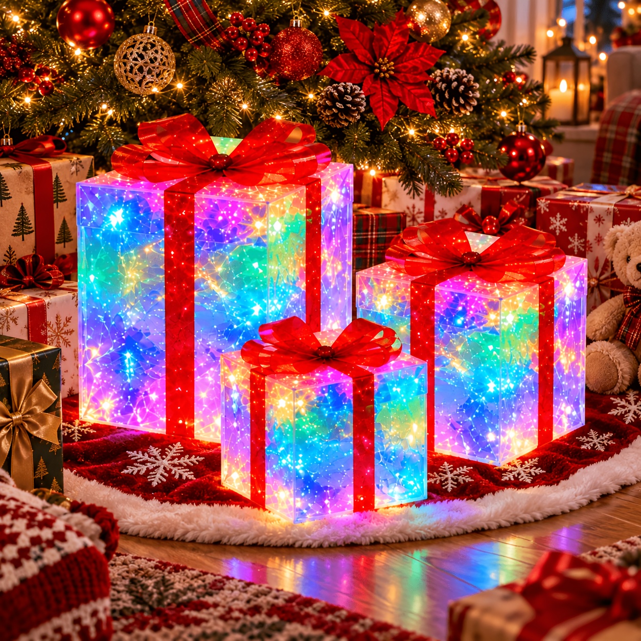 TEMU 3pcs Colorful Led Light-up Gift Box Set, Festive Christmas Decor With 8 Flashing And Red Bows; Usb-powered Suitable For , Bedrooms, Parties, New
