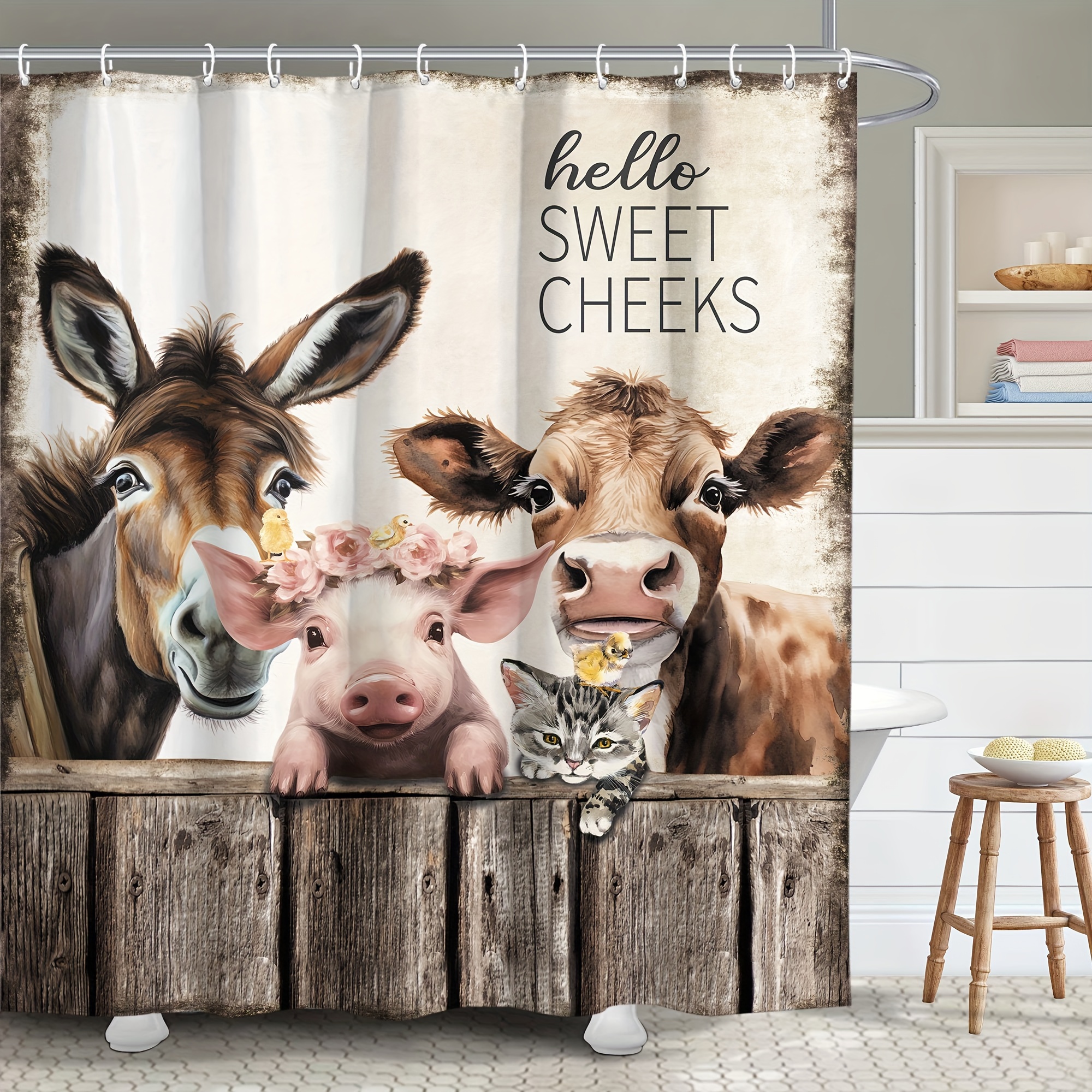 Farm Animal Cow Retro Farmhouse Truck Cattle Shower Curtain Set Bathroom  Decor