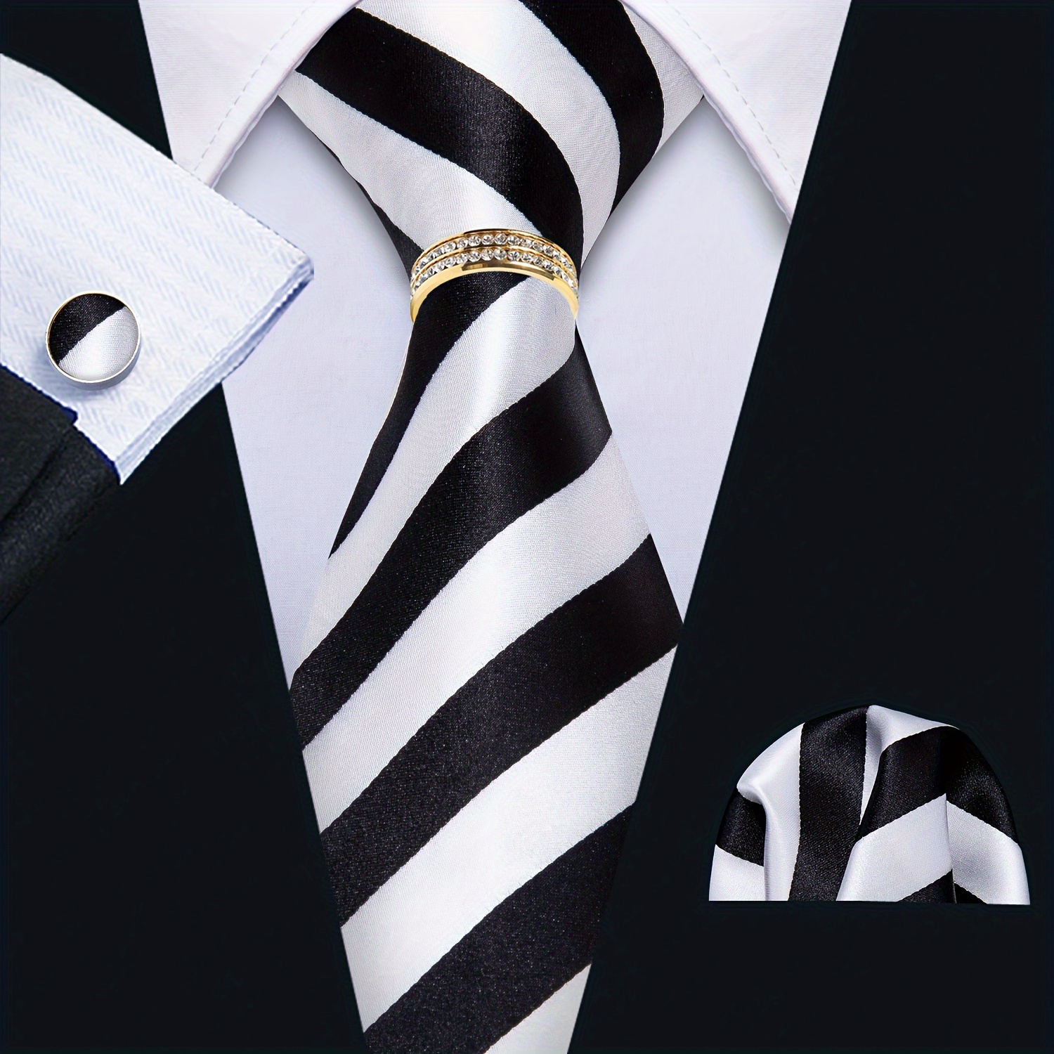 

Lineziseid 1set Black White Stripped Mens Silk Classic Tie Pocket Square Cufflinks Ring Set