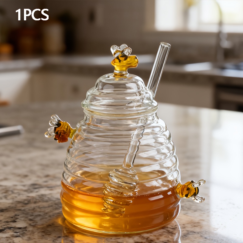 TEMU 1pc 480ml/16.23oz High Borosilicate Glass Honeycomb Jars With Lid And Stirrer, Transparent Honey Storage Jars, Suitable For Home, Weddings,