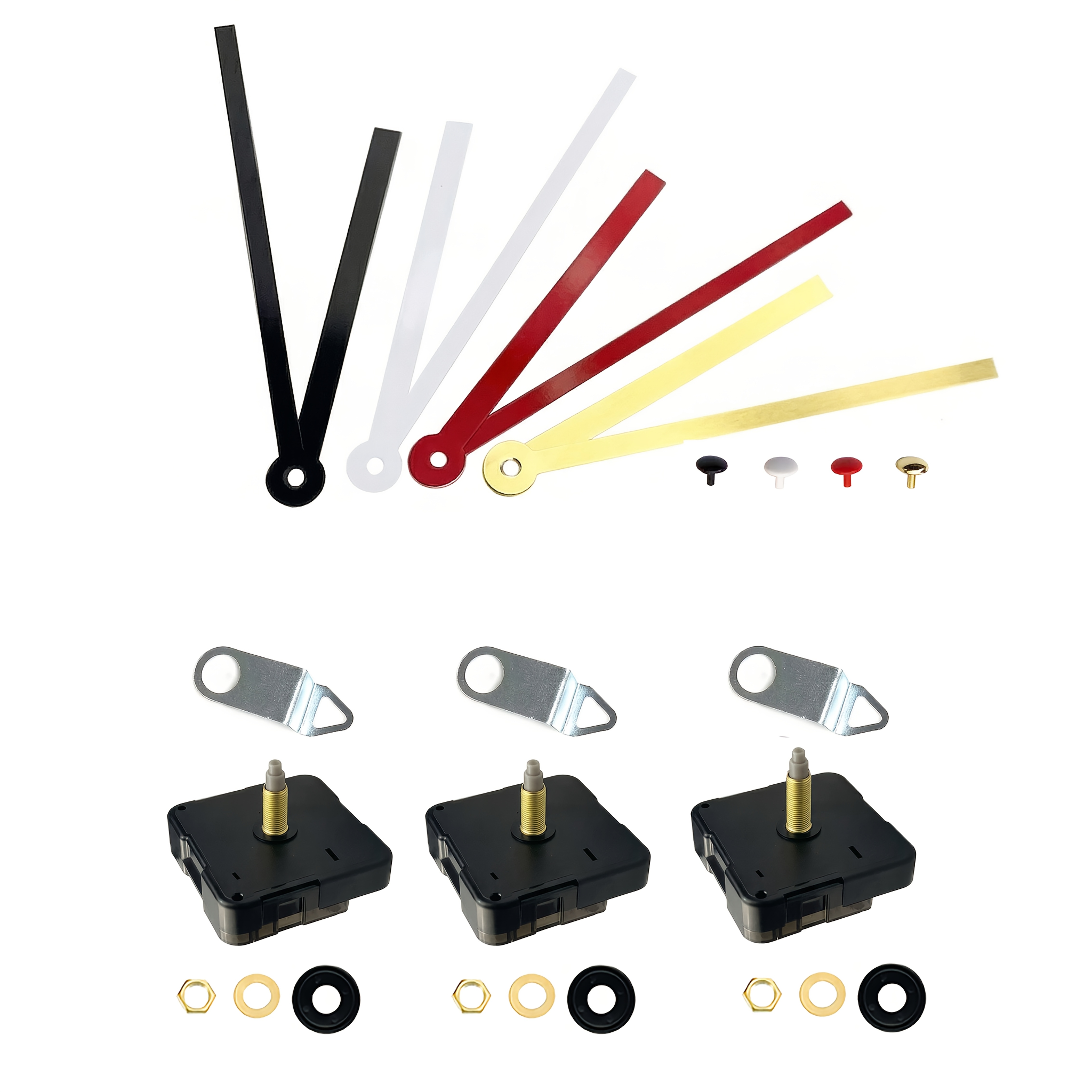 Kūrybinis „pasidaryk pats“ laikrodžių remonto ir keitimo dalių rinkinys, 3 komplektai tylaus kvarcinio mechanizmo su 2x 20 mm ir 1x 23 mm ašies ilgiais. Komplekte yra 4 tipų laikrodžio rodyklės: juodos, baltos, auksinės ir raudonos. Tinka kvarcinio laikrodžio remontui, keitimui ir gamybai. Idealiai