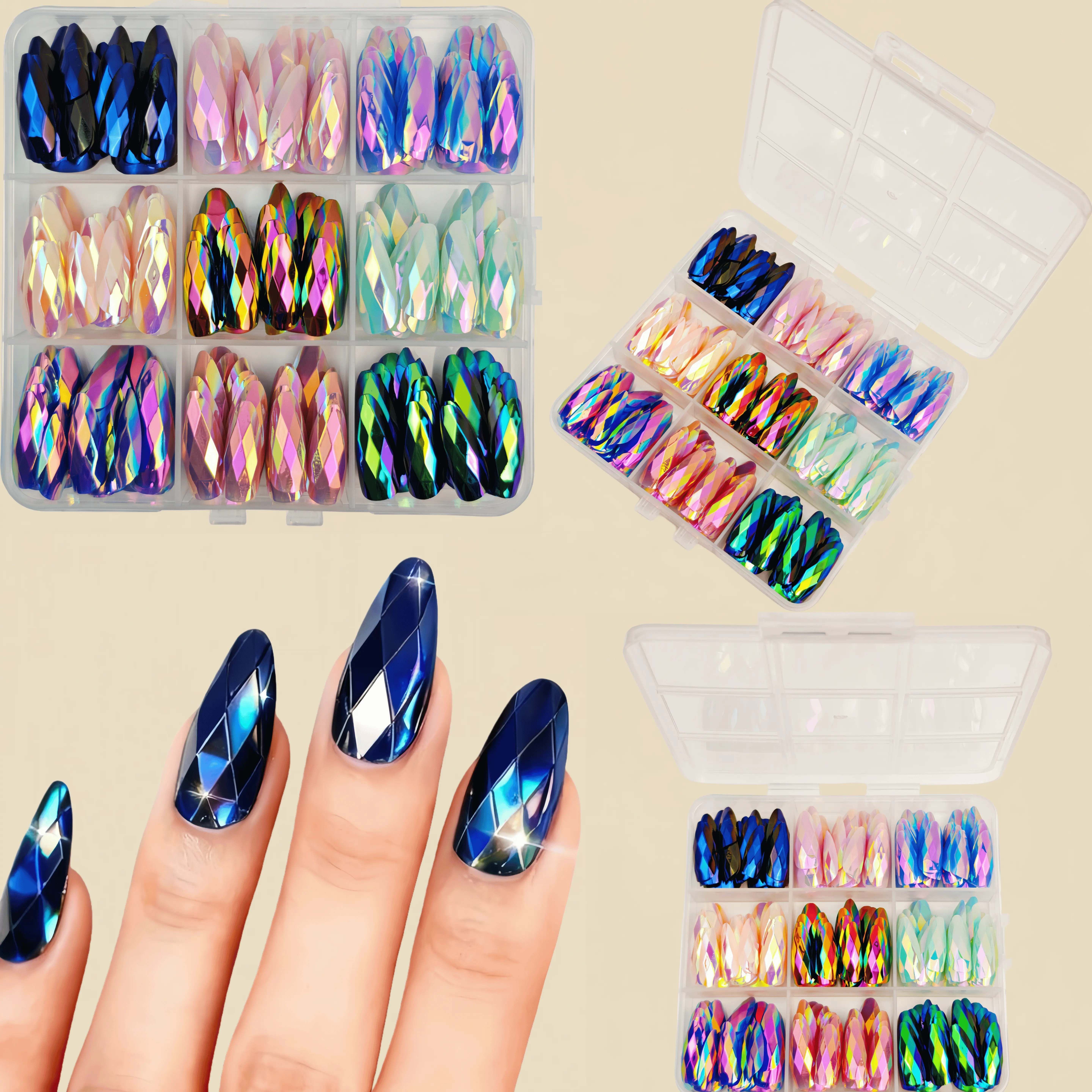 E-shop 216-teiliges 3D-förmiges galvanisiertes ultra-glitzerndes Nagelset, mittellange Mandelform, mehrfarbiges gemischtes Nageldesign-Set, modische