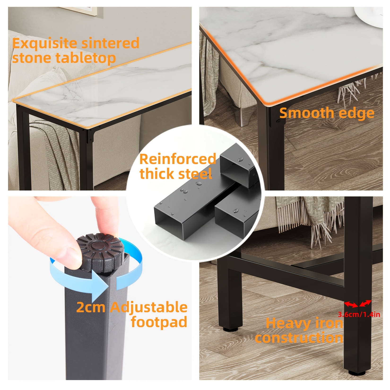 AESOME Counter Height Table Rectangle Sintered Stone Tabletop 47.2in Narrow Long Kitchen Dining Table 41.4in High Top Table Living Room Furniture, Sturdy Metal Frame
