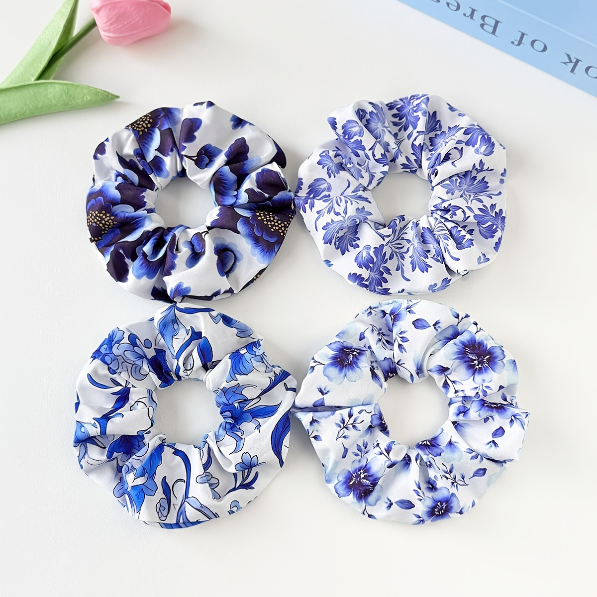 TEMU 4 pezzi di elastici per capelli a grande, ed eleganti da donna, con motivo blu e design in porcellana blu e , accessori per capelli per e in