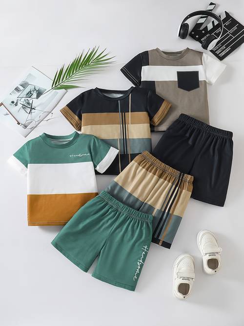 6pcs boys fashionable striped print short sleeve and casual shorts set school outdoor activities vacation wear or as a holiday gift outdoor