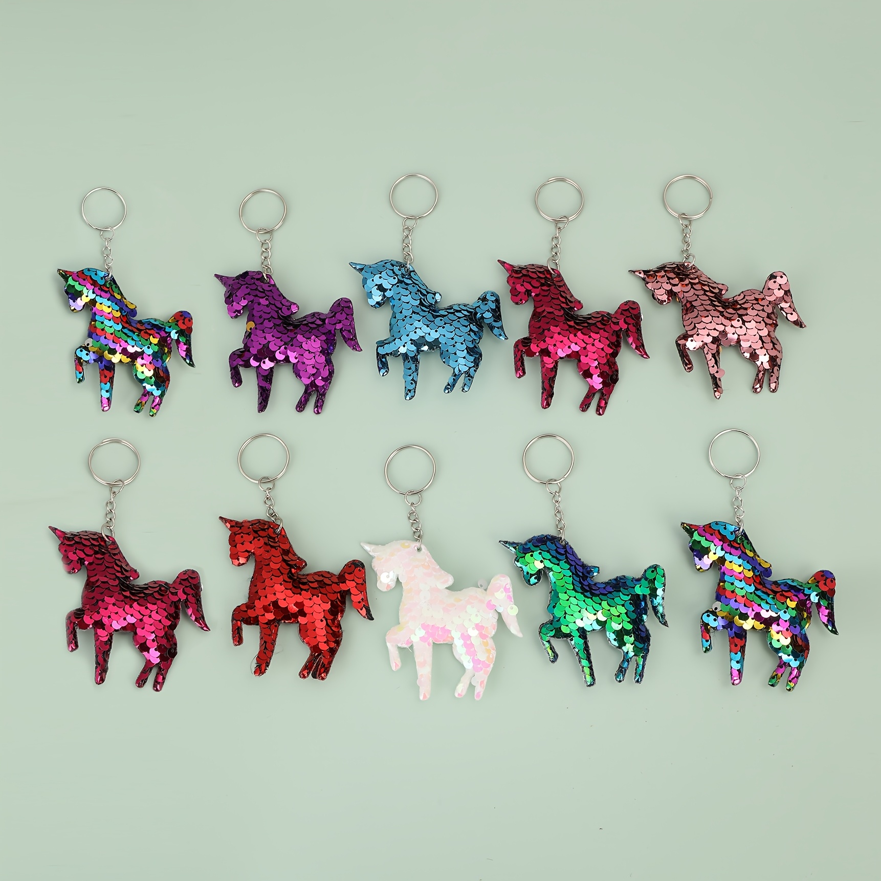 

10pcs Sequined Cartoon Horse & Unicorn Keychains, Metal Key Rings, Animal Themed Keychain Set, With Ring , For Decoration, Party Favors, Back To School Gifts, Anniversary Festival Bag Charms