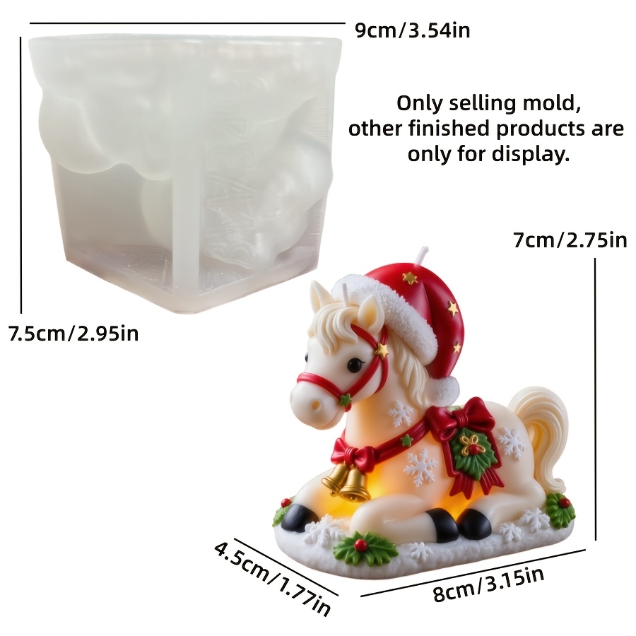 TEMU Moule en silicone résine pour bougie Cheval de Noël, moule en silicone pour bougie avec bonnet et cloche de Noël, moule pour cheval adorable