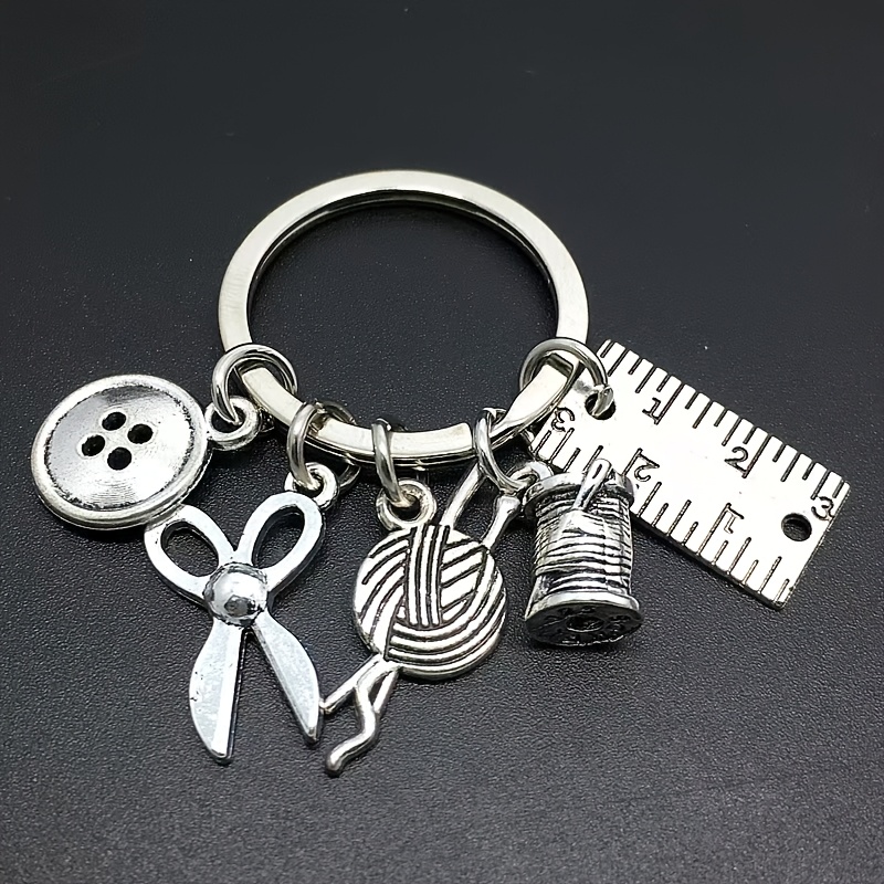 Designer Spool, Thread, Ruler, Button, Scissors, Flat Ring, Keychain, Sewing Enthusiast Key Ring