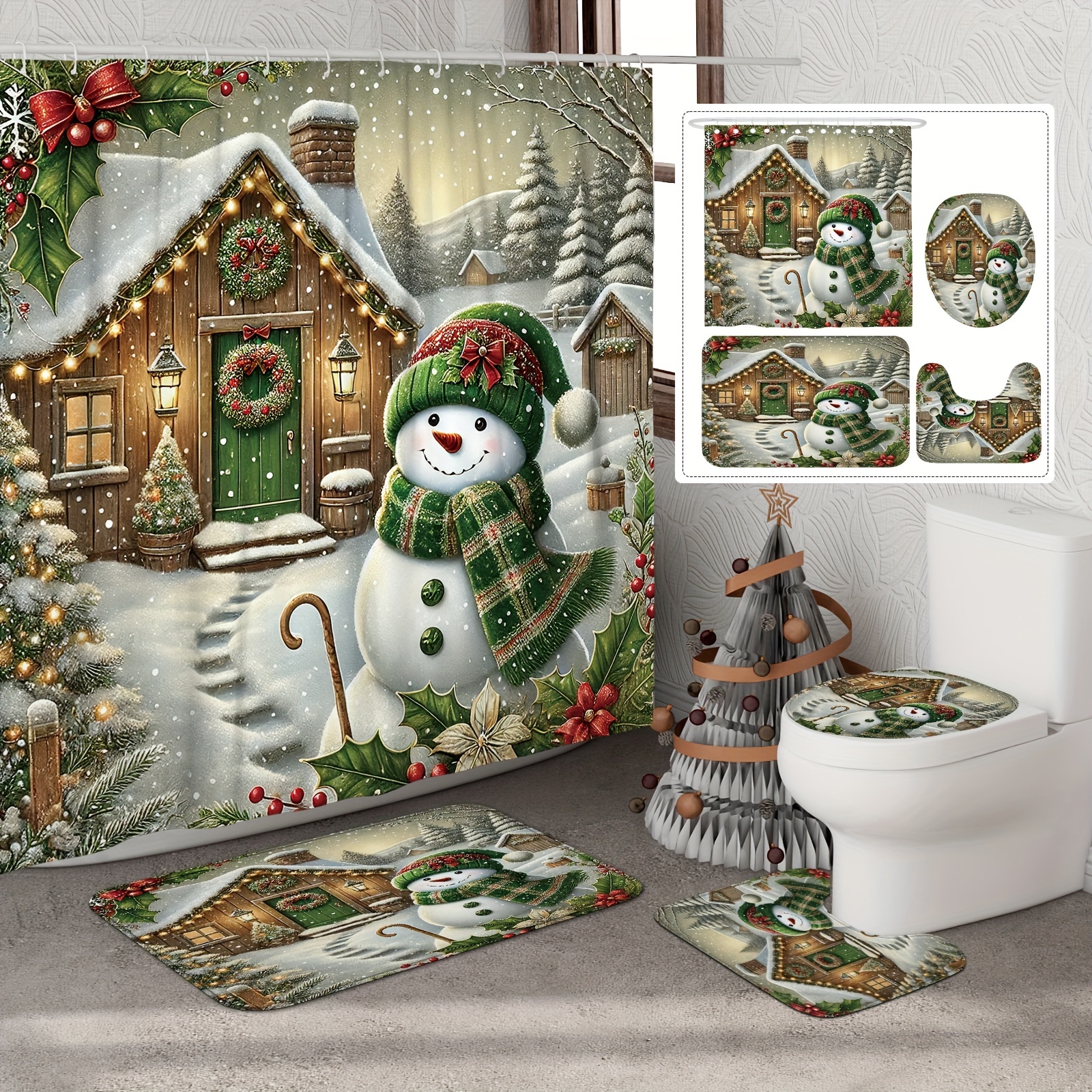 

Christmas Winter Shower Curtain Set - Snowman Scene, Waterproof Polyester, Includes Non-slip Bath Mat & U-shaped Toilet Lid Cover, Machine Washable, Decor, 1/4pcs