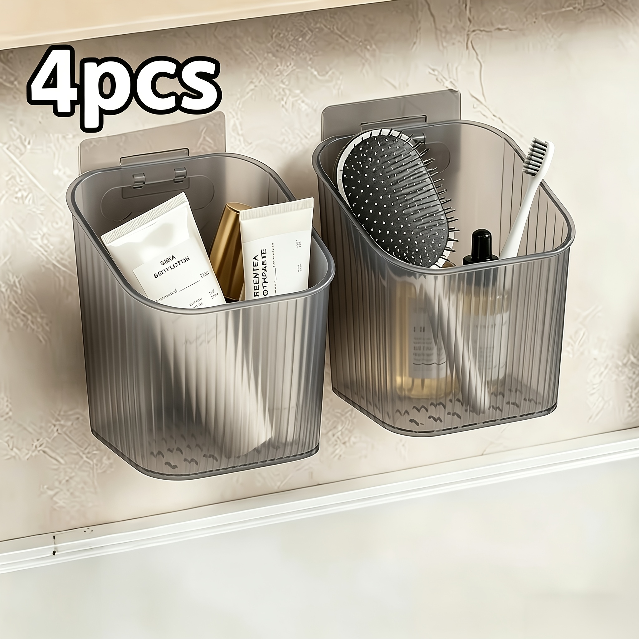 TEMU 4pcs No-drill Storage Boxes - Transparent Wall-mounted Storage Baskets With Drainable And Breathable Bottom, Single-layer Plastic Wall-mounted