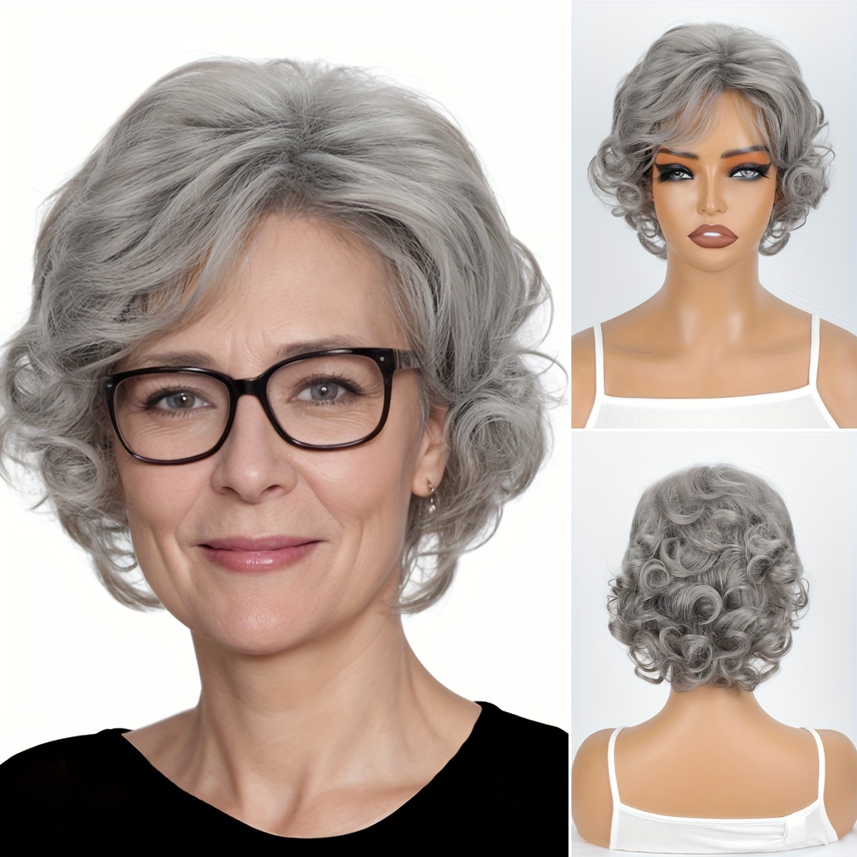 

Fiber Wig For Women - 130% Density Curly Wave Grey Short Cut Synthetic Hairpiece With Bangs, Cap, Heat Resistant, Beginner Friendly