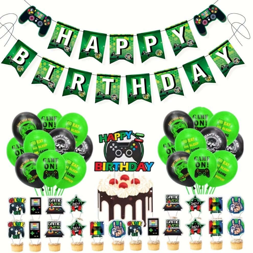 

1set, Green Controller Game-themed Boy's Birthday Party Decorations, Including Birthday Banners, Cake Toppers, And 20 Large And 12 Small Balloons.