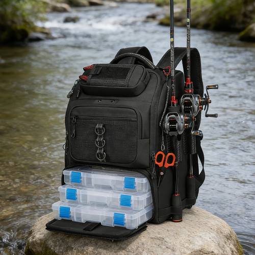 item picture fishing tackle backpack with rod holder 40 liter fishing gear bag with storage space for storing fishing tackle and equipment featuring multi functional storage capabilities a durable fishing gear bag