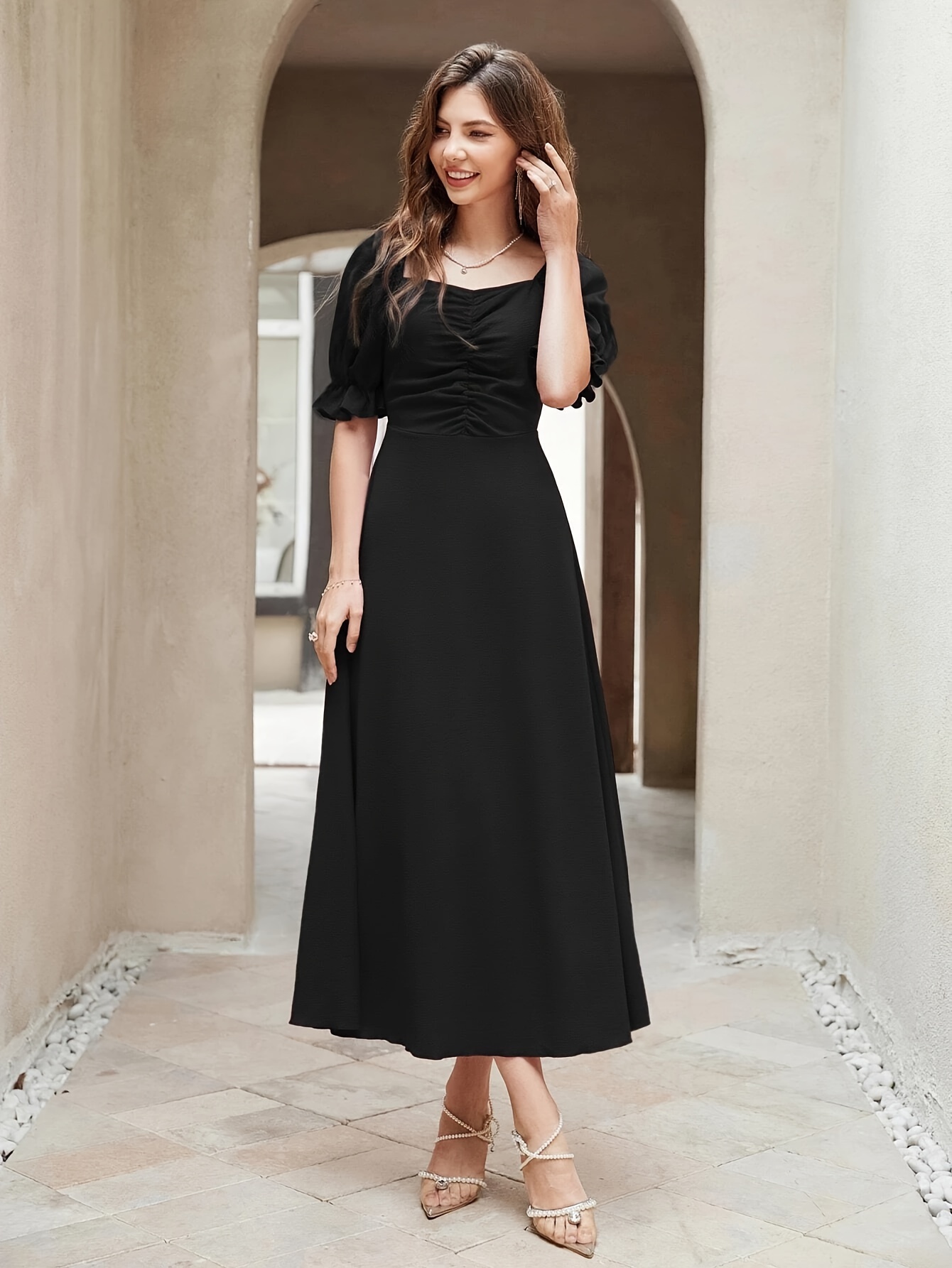 a line dress puff sleeve Petal and Pup Women's Annette Puff Sleeve Shirred Midi Dress main image 1
