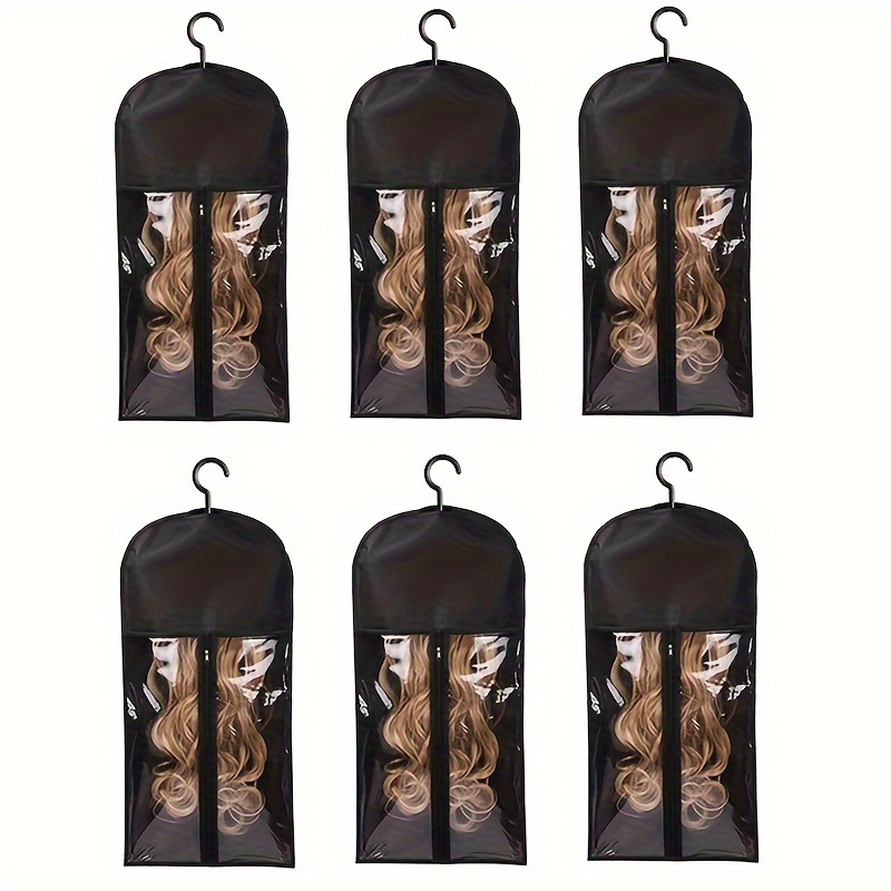 

6pcs Unisex-adult Wig Storage Hangers, Transparent Zippered Wig Bags, Dustproof Hair Extension Organizer With Hook For Salon & Home Use