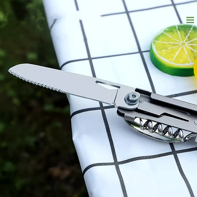 a versatile folding outdoor tableware set with 5 in 1 including knife bottle opener made of stainless steel easy to clean and with a storage bag camping details 2