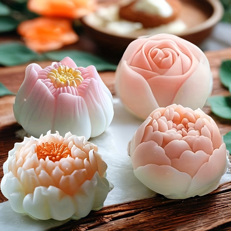 

4-piece Floral Silicone Mold Set For Candle & Resin Crafts - Rose, For Lotus, Hibiscus, Peony Designs