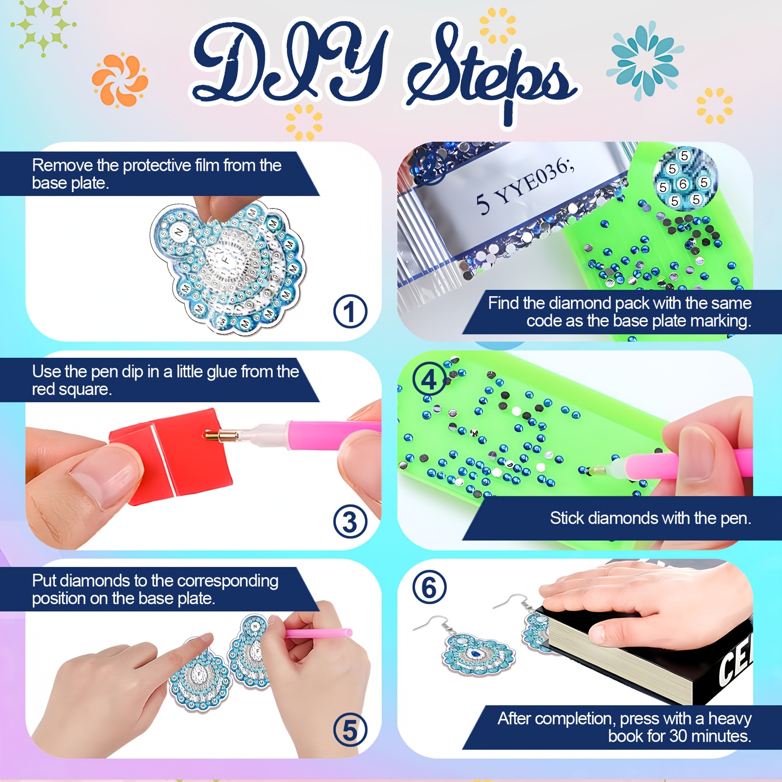 12pcs 2D Flat Printing Diamond Art Earring Set, Fashionable DIY Kit