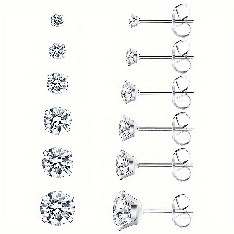 

6pcs Set, Hypoallergenic Zirconia 316l Steel Cz 3-8mm