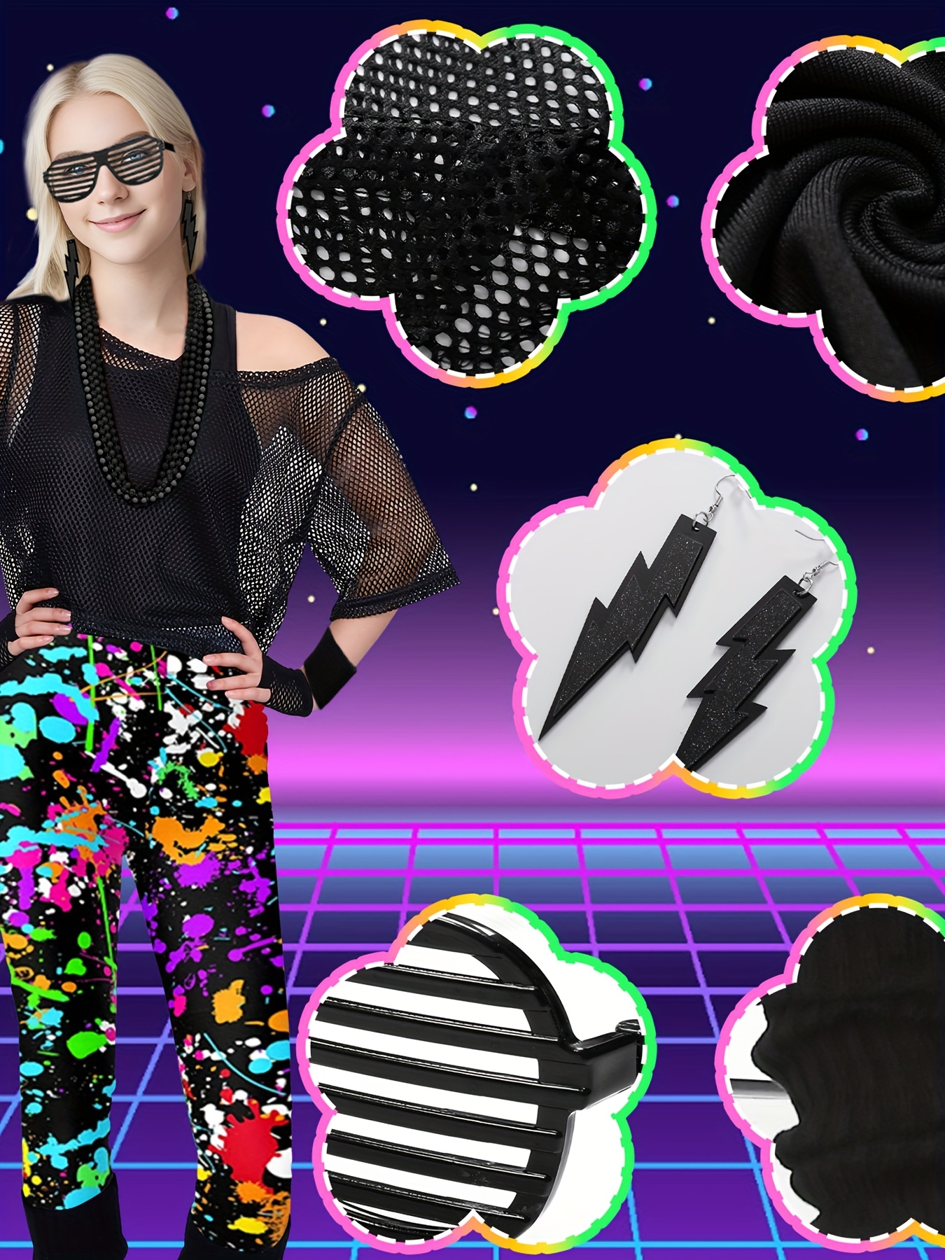 90s 80s Women'S Costume, Aerobic 80s Women'S Outfit, Featuring a Mesh Shirt, a Classic Off-Shoulder Mesh Shirt, 80s Women'S Carnival Attire, Neon 80s Accessories, And Themed Party Wear.