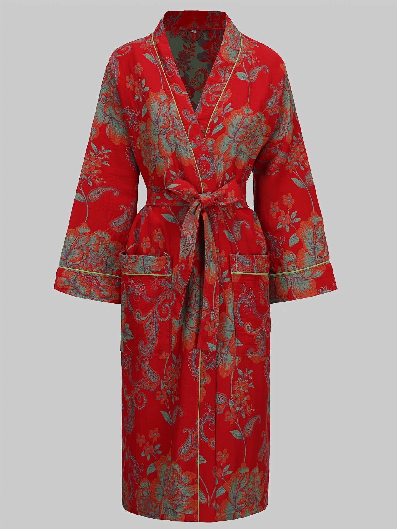 Women S Plus Size Bathrobe - Elegant Floral Robe with Long Sleeves, Adjustable Waist Tie & Side Pockets -   Luxury Spa Robe in Red/ Green/ - Soft Non-Slip Grip for Home, Hotel, or Gift - Elegant Bathrobe for Women, Home Loungewear,   Design, Durable Construction, Spa Lovers