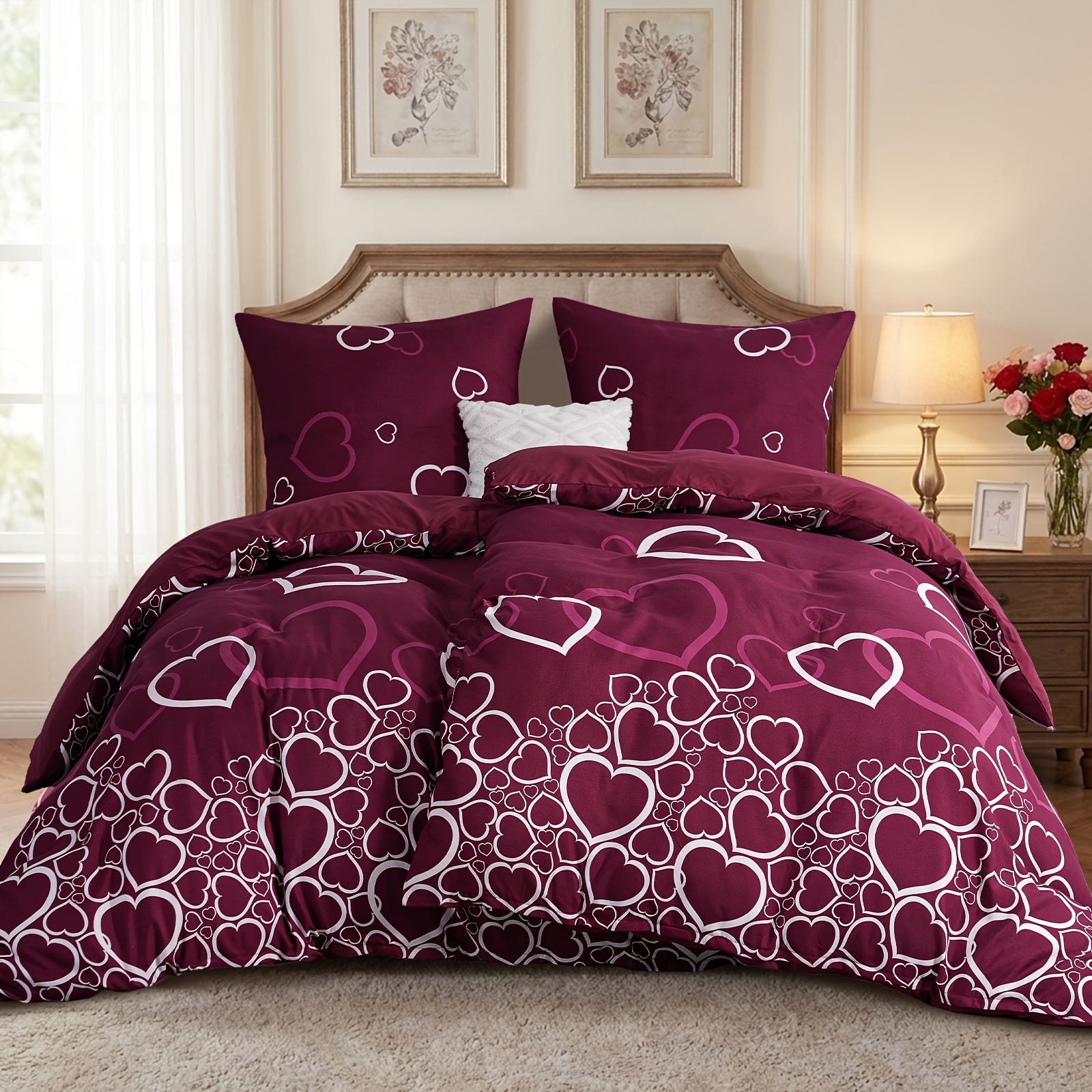Bed 135x200 4pcs Hearts - Bed Sets, Duvet Cover 135 X 200 2pcs Set With 2 Pillowcases 80x80cm, The Fabric Is Soft, Comfortable And Breathable. Bedding Pattern Red Heart With Zipper