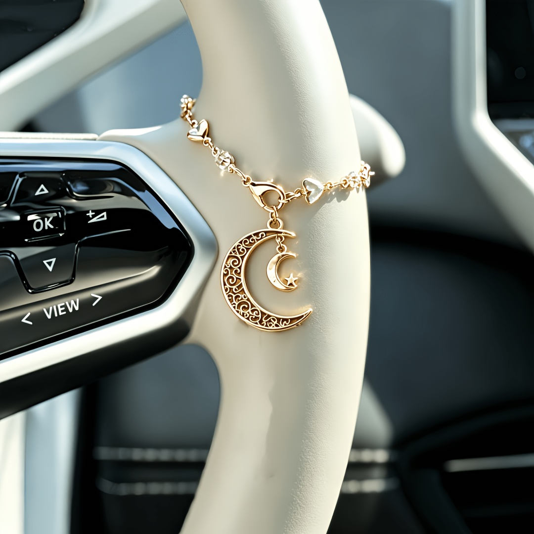 TEMU 1pc Fashionable Vintage Hollow-out Moon, , And Star Pendant Steering Wheel Car Accessory, Suitable As A Ladies' Handbag Accessory, Or As A Bag,