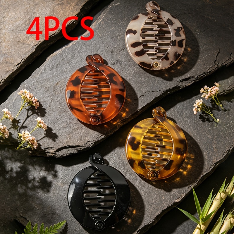 TEMU Set van 4 elegante vintage platte bananenclips met luipaardprint, gedraaide clips en paardenstaarthouders voor dames. Veelzijdige haarclips voor