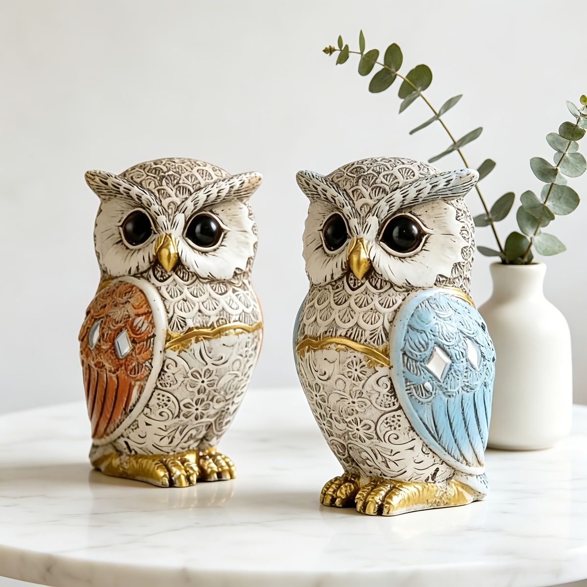 TEMU 2pcs Bohemian Owl Statues - Hand-painted Resin Owl Figurines With Carved Retro Decor, Suitable For Desktops, Bookshelves, Bedrooms, Offices,