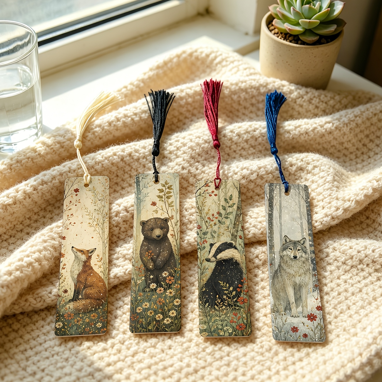 TEMU 4pcs, Animal, Fox, Bear, Badger, Wolf, Forest Flowers And Plants, Realistic Forest Vintage Watercolor Pattern 1.5in*5.9in 2d Printed Pu Leather
