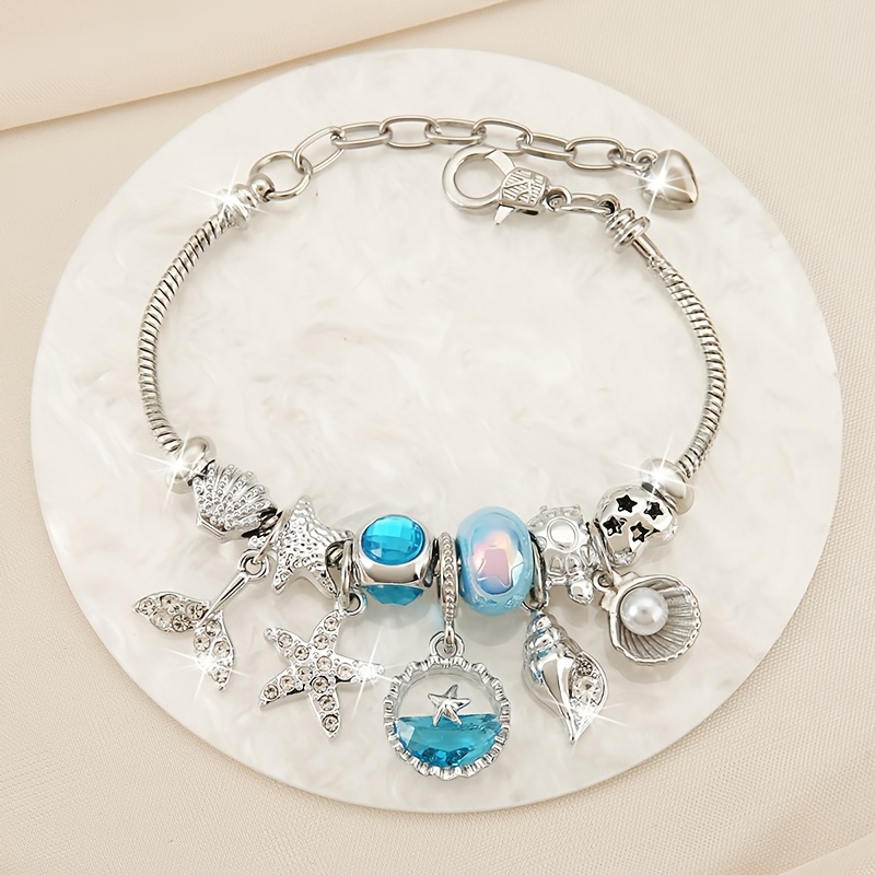 TEMU 1pc Mermaid Tail Beaded Pendant Bracelet - With Blue Imitation Crystal Starfish And Shell
