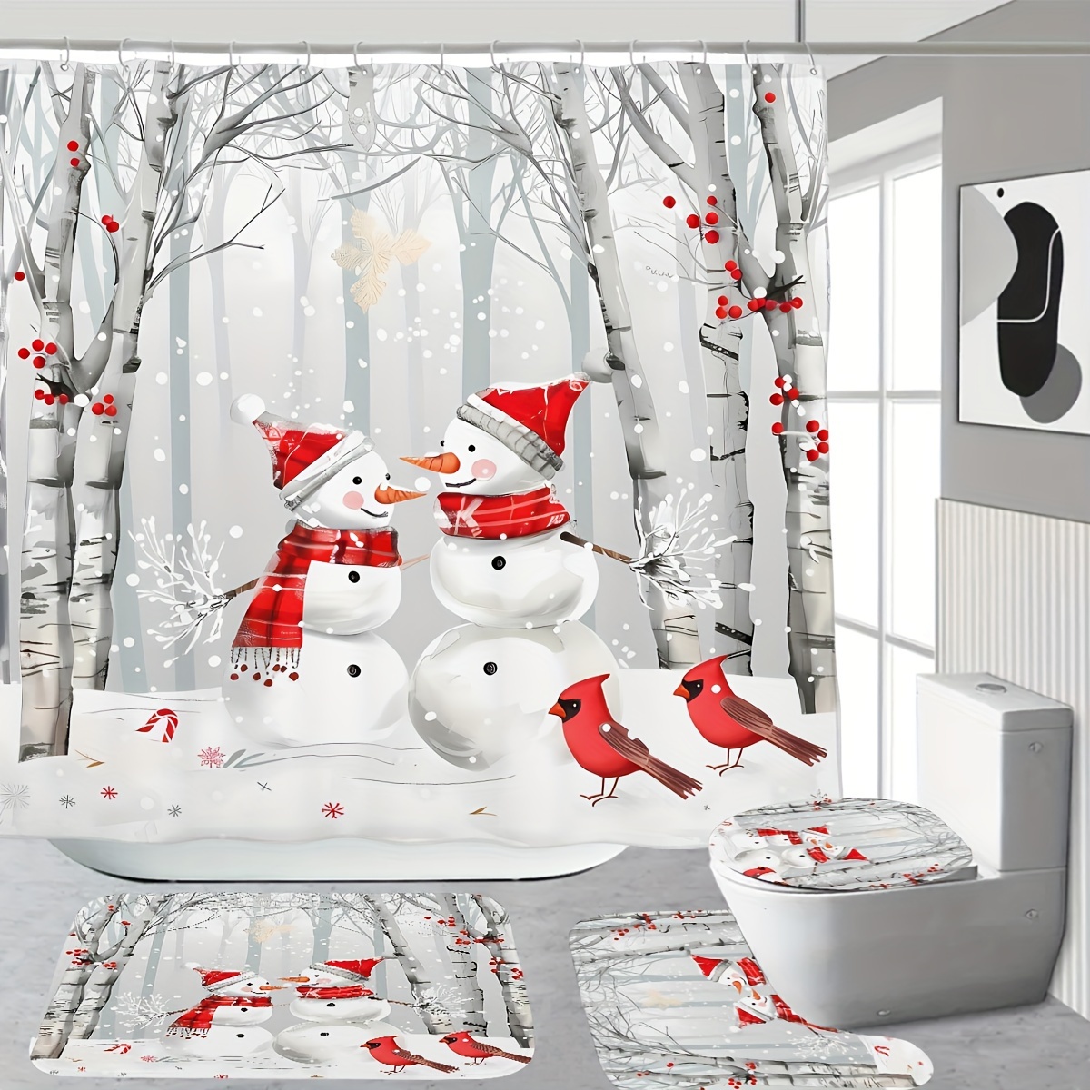 

Christmas Shower Curtain Set Bath Mat & Lid – Polyester Bathroom Decor 12 , , – &