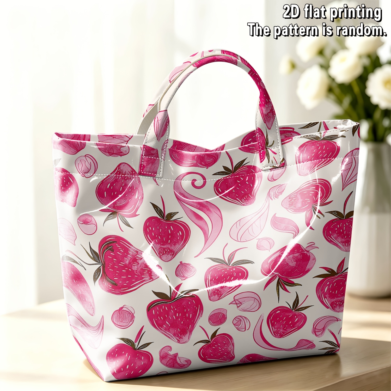 TEMU Women's Large Capacity Pvc Tote Bag Suitable For Travel, Work & Parties - Pink Strawberry Print Handbag With Pvc Material, Stylish Gift For,