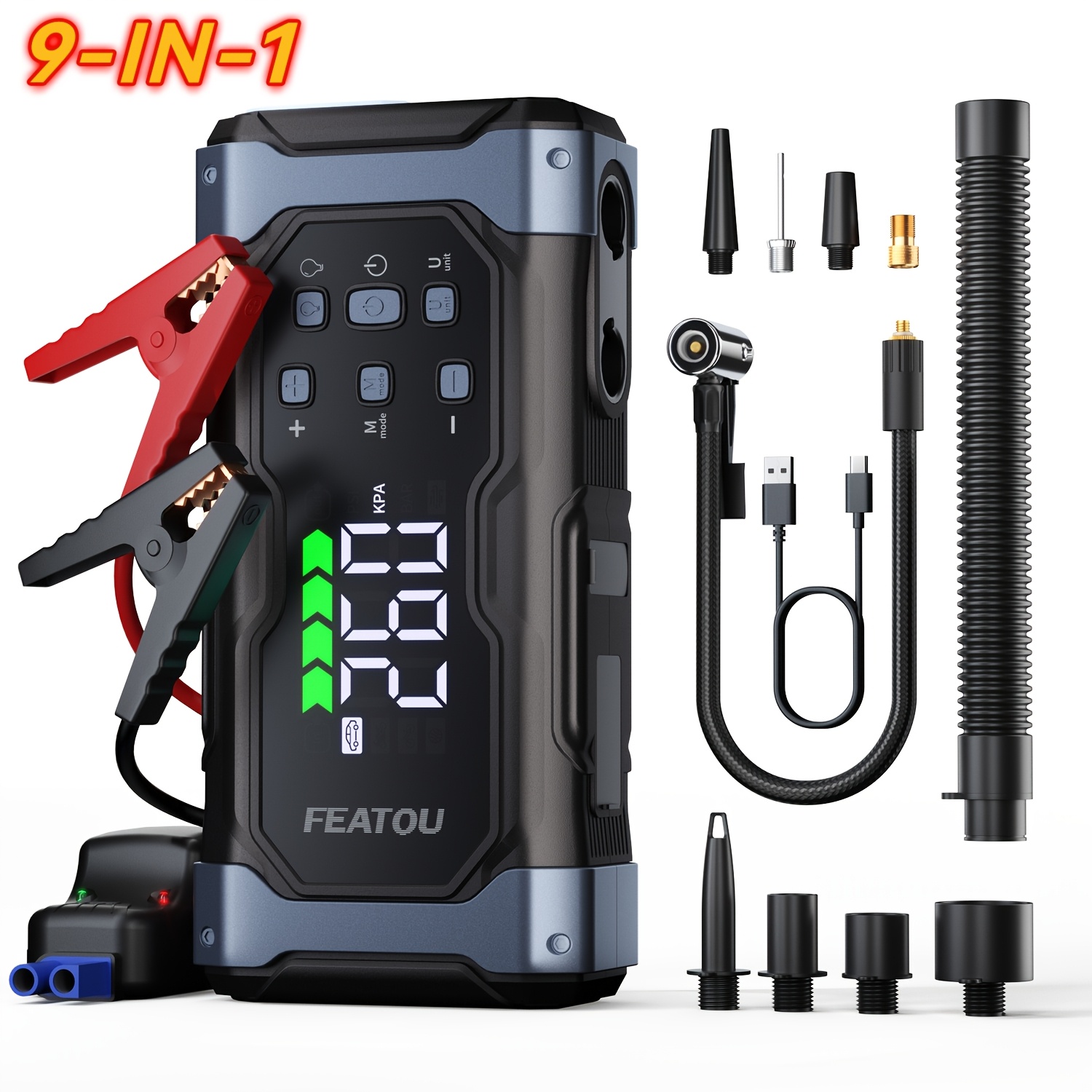 E-shop Startkabel-Booster mit Luftkompressor Reifenfüllgerät, Hochleistungs-Startkabel-Booster 20000mAh mit Luftkompressor/Reifenfüllgerät,