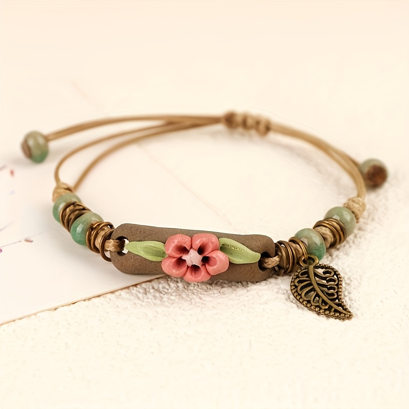 

3 Bohemian Ceramic Bead Bracelets, Adjustable Handmade With Patterns And Color , Featuring Charm Accessories With Leaf Pendants