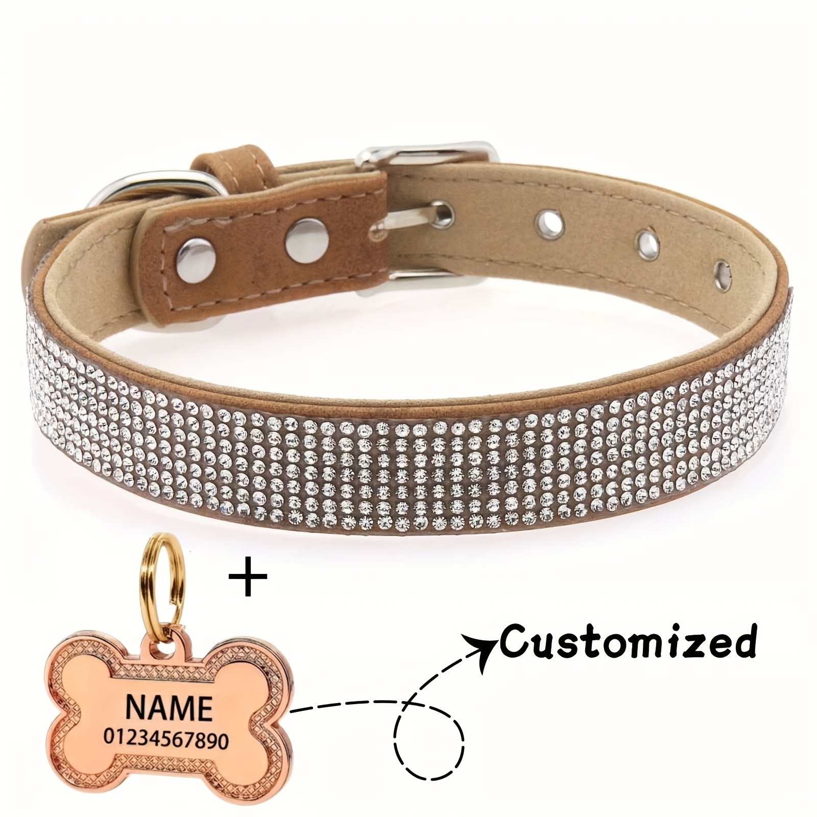 TEMU 1pc Vintage Frosted Rhinestone Customized Tag Pet Collar - Personalized Pu Leather Pet Collar With Custom Nameplate And Pendant - Adjustable Cat