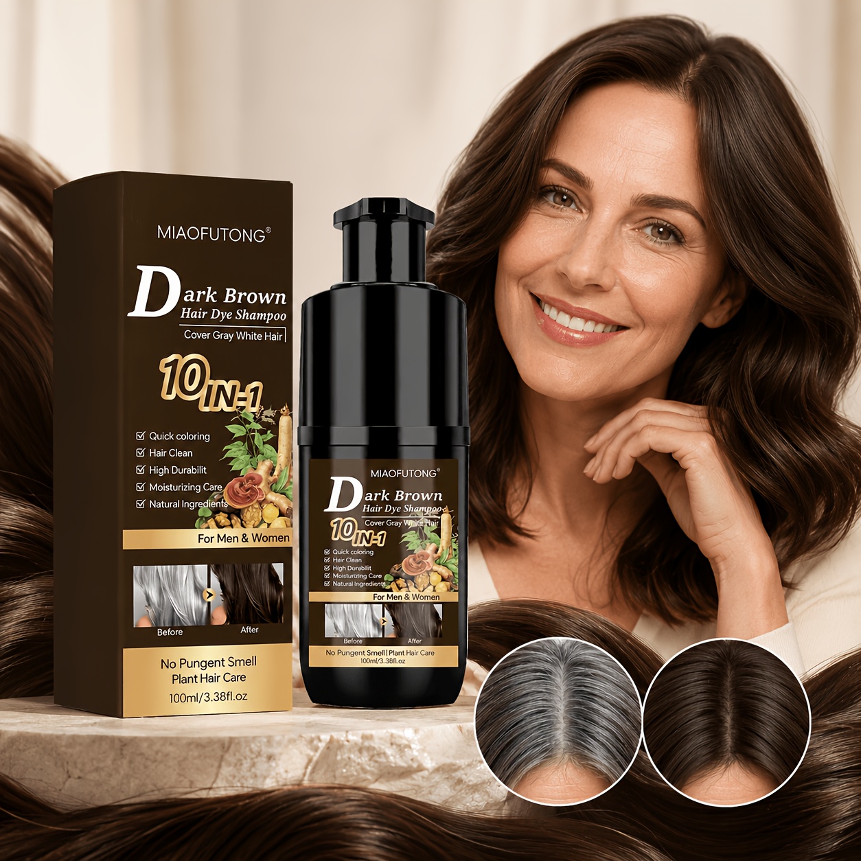 Image of 10-in-1dark Brown Hair Dye Shampoo - , Glossy, , Smooth In Minutes, Unisex, Nourishing With Castor, Batana, Coconut, Rosemary | Gray Coverage, Long-lasting, Gentle, Suitable For All Hair Types