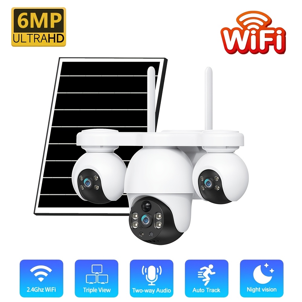 Image of 6mp Solar Wifi Outdoor Security Camera, Three-view Ptz 360° Pan/tilt Rotation, Pir Human Detection, Tracking, Night Vision, Audio, Alarm Push Cctv Surveillance