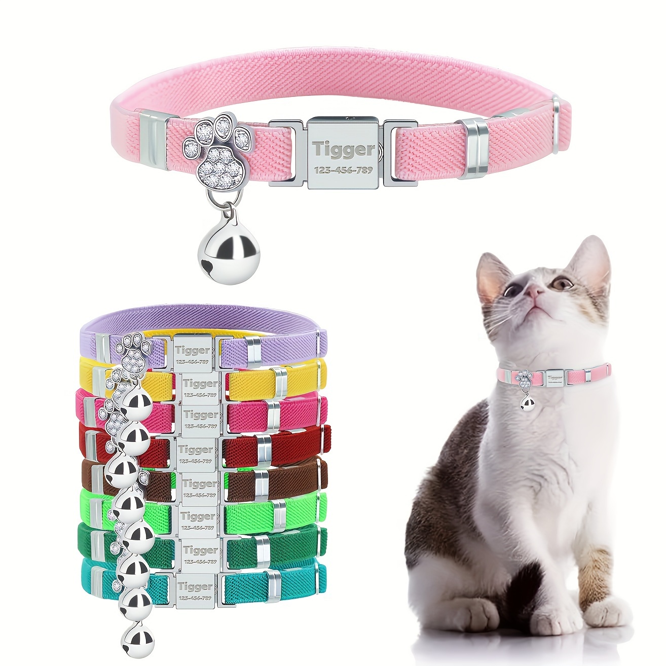 

Collier de Sécurité pour Chat Gravé sur Mesure avec Clochette - pour Chaton en Polyester Extensible et Confortable en Couleurs Vibrantes par ANG