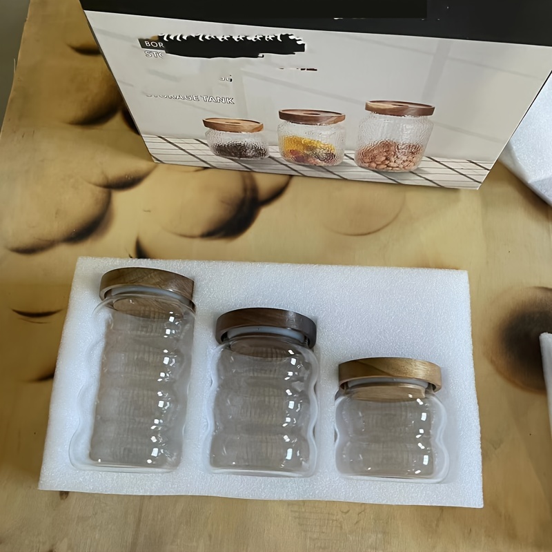 3pcs Candy Jar Set With Acacia Wood Lid And High Borosilicate Transparent Candy, Cereal Food Storage Container In