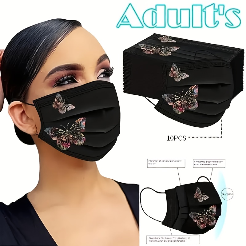 

10pcs Elegant Print Face Masks For Women - Breathable, Non-woven Fabric With | Casual , Reusable & Wash-free