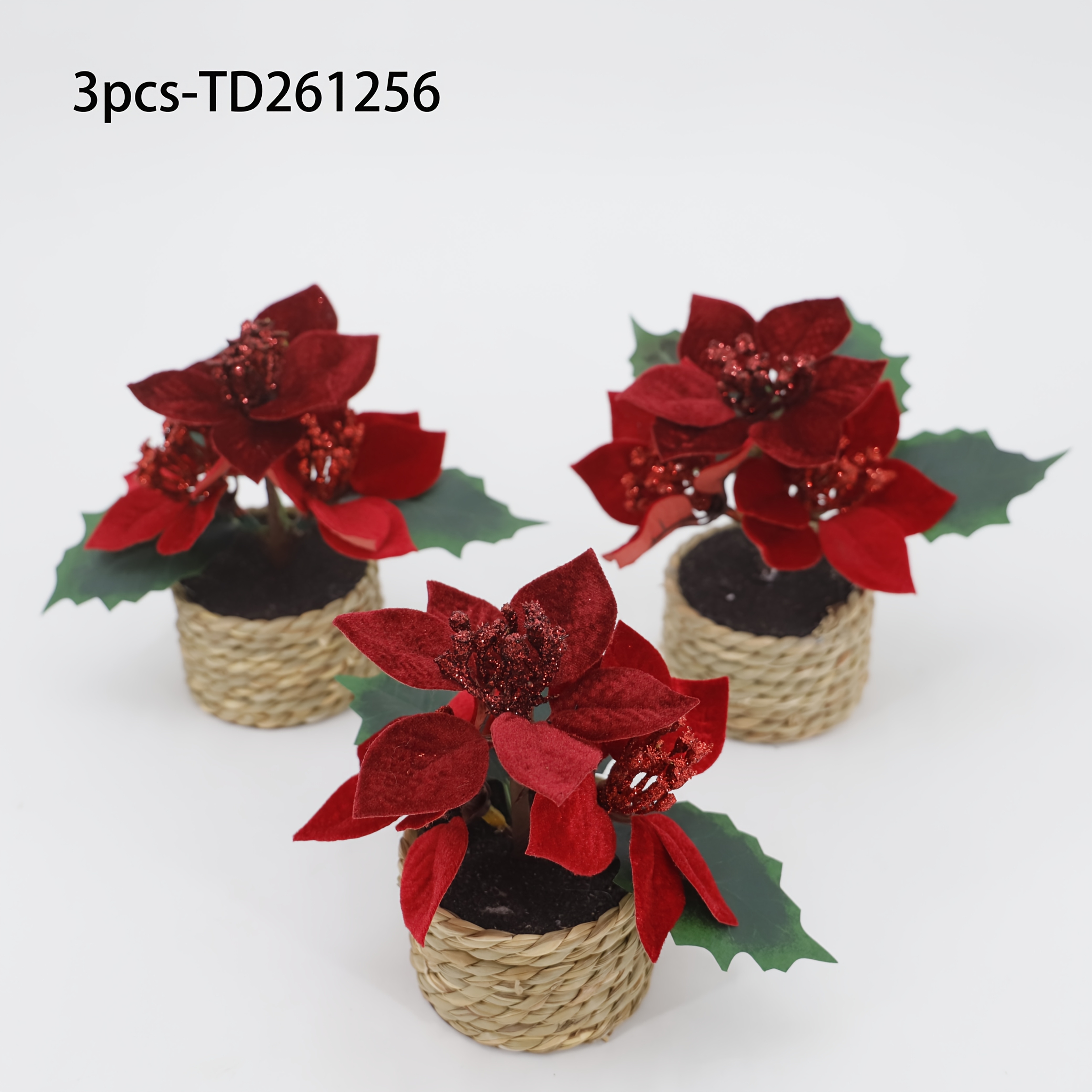 TEMU 3pcs Set Of Artificial Poinsettia Flowers, With Woven Pots, Faux Flowers, Christmas Home Decor, Suitable For Room Types Of Desktop Artificial
