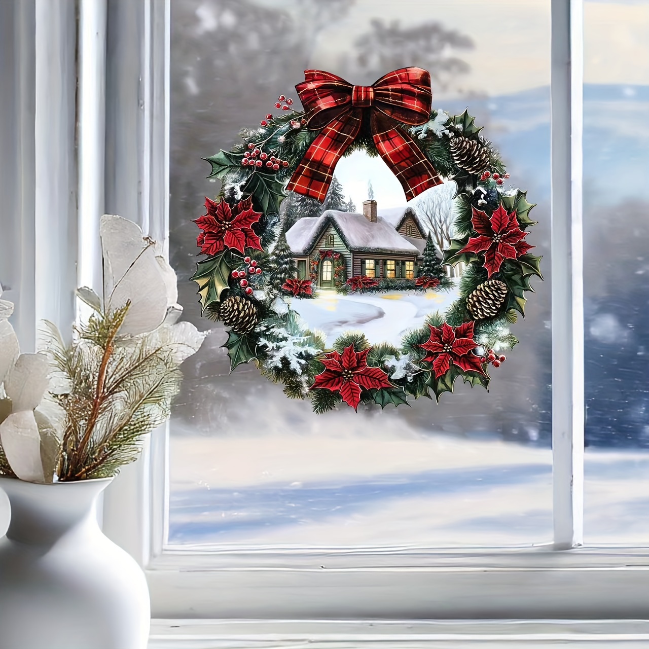 christmas wreath   window cling self   holiday decor for living room glass christmas home decor details 2