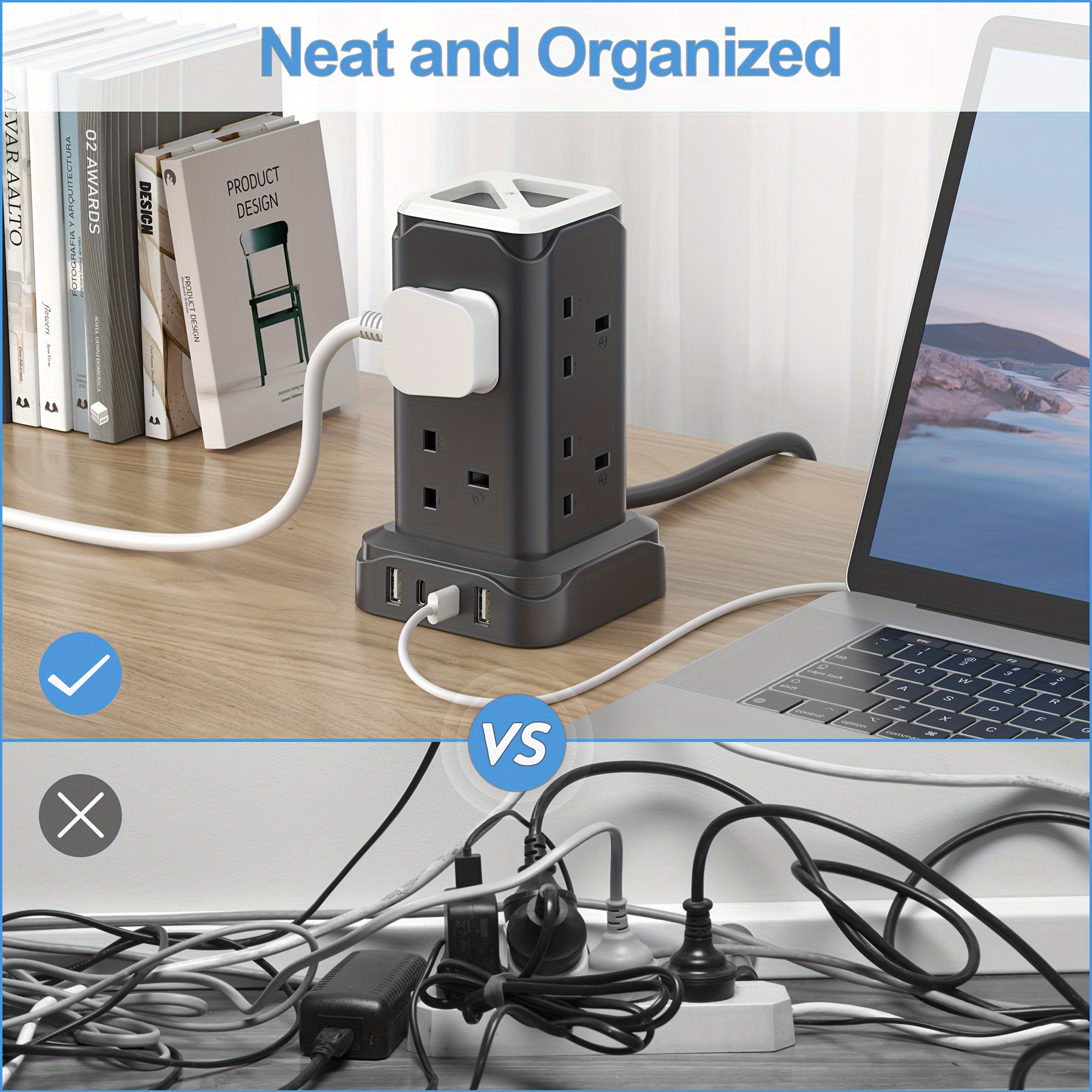   power strip tower with   protection and night light 20w pd 4 usb ports 2a 2c 6ft extension cord multiple outlets   flat plug for home office or dorm white