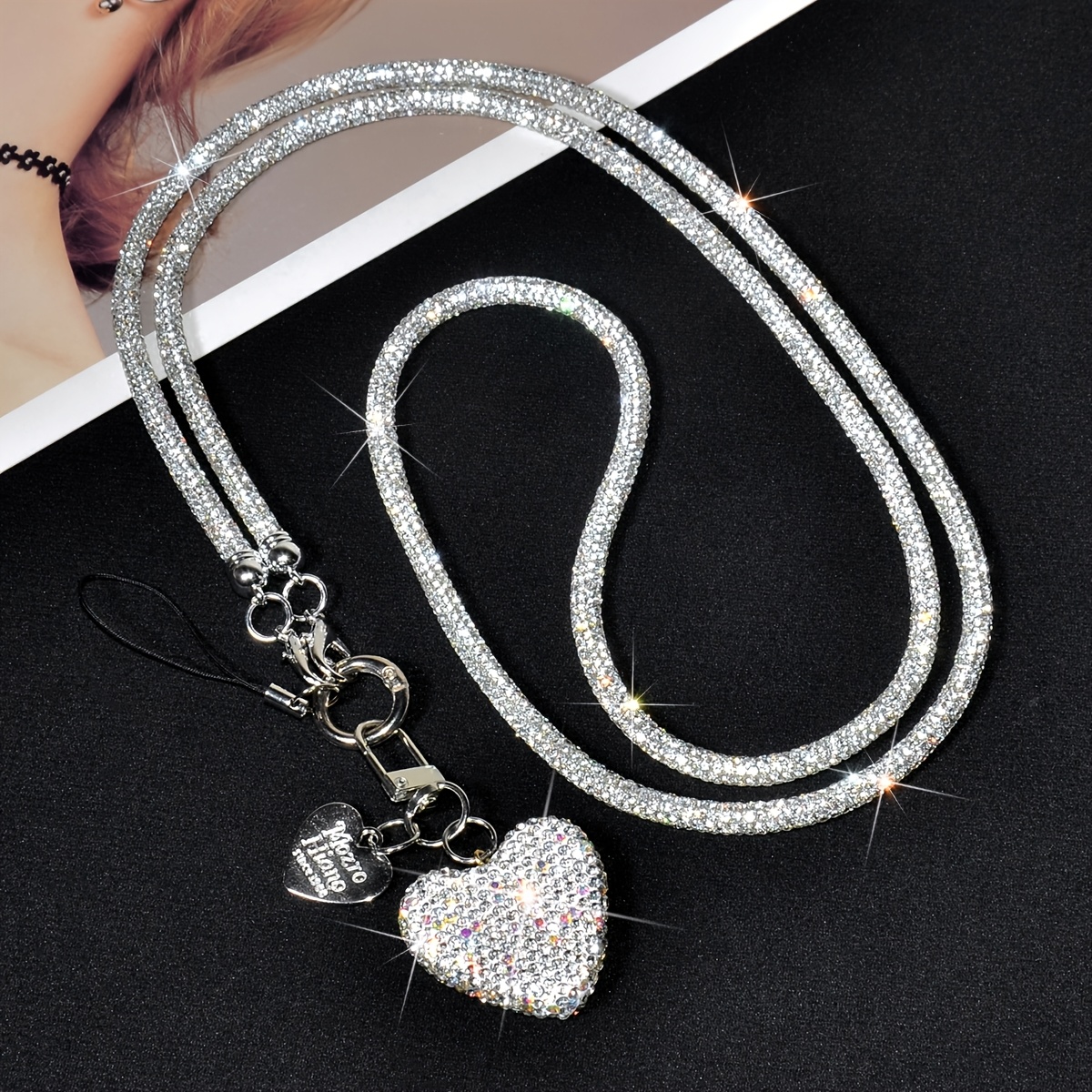 TEMU 1 Ensemble Argenté de Luxe Strass Longue Coque de Téléphone Bandoulière Lanière, Ornement de Packaging de Sac de Porte-Clés de Voiture de Tag de